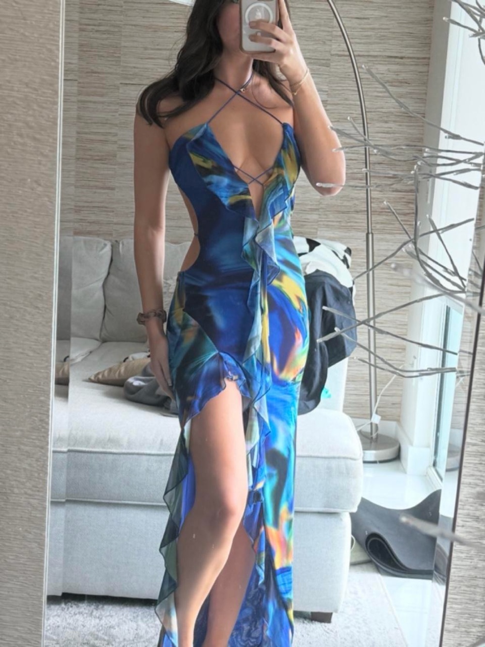 Blue Multi-Print Asymmetrical Ruffle Maxi Dress